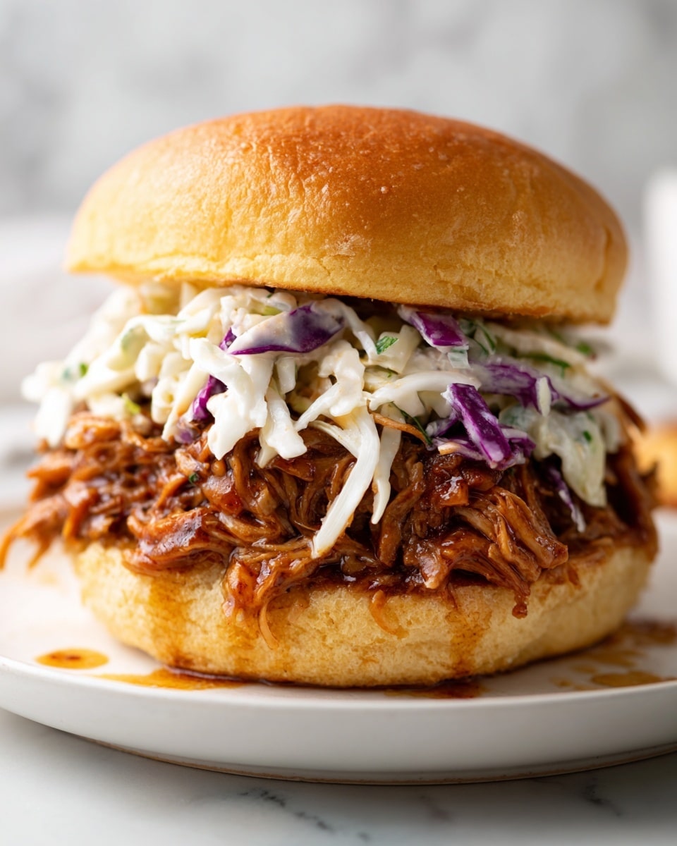 A close-up of a sandwich with three layers: the bottom layer is a soft, golden brown bun that looks fluffy; on top of the bun is a thick layer of shredded, saucy meat in shades of brown with a rich texture; above the meat is a creamy coleslaw with shredded white and purple cabbage mixed with some dressing; the top layer is another soft golden brown bun slightly rounded. The sandwich sits on a white plate on a white marbled surface, with some sauce spots around it. The photo taken with an iphone --ar 4:5 --v 7