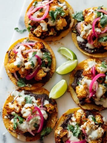 Cauliflower Black Bean Tostadas with Queso and Pickled Onion Recipe