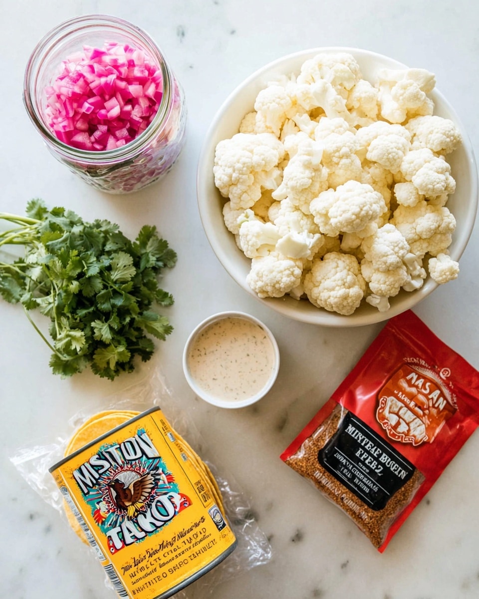 The image shows a white bowl filled with white cauliflower florets positioned on the upper right side. To the left of the bowl, there is a small bunch of green cilantro with leafy texture. Above the cilantro, there is a glass jar filled with pink pickled onions, visible through the clear jar. Below the cilantro, there is a clear wrapped stack of yellow corn tortillas with bright yellow packaging labeled