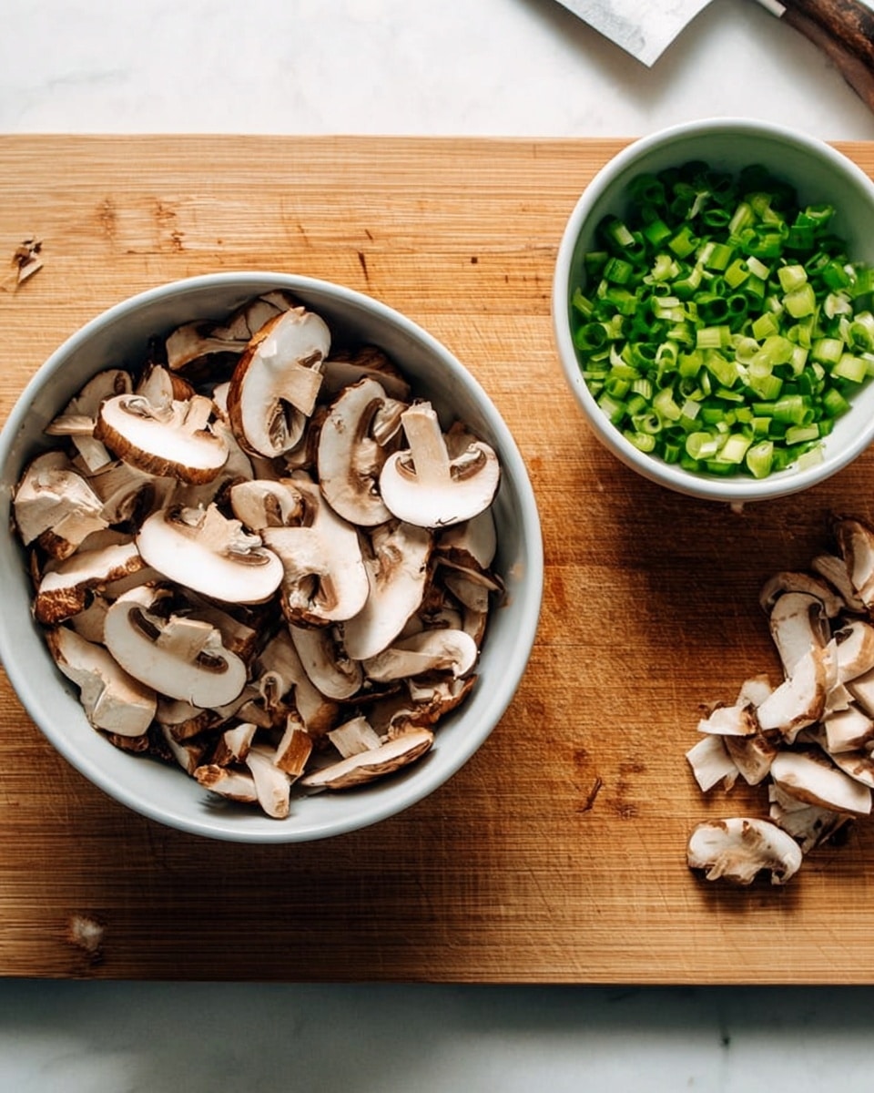 A round white bowl filled with many sliced mushrooms showing their white inside and brown edges, placed on a wooden cutting board with pieces of mushroom scattered around. Next to it, there is a smaller round white bowl full of bright green chopped spring onions. The background surface is a white marbled texture. photo taken with an iphone --ar 4:5 --v 7