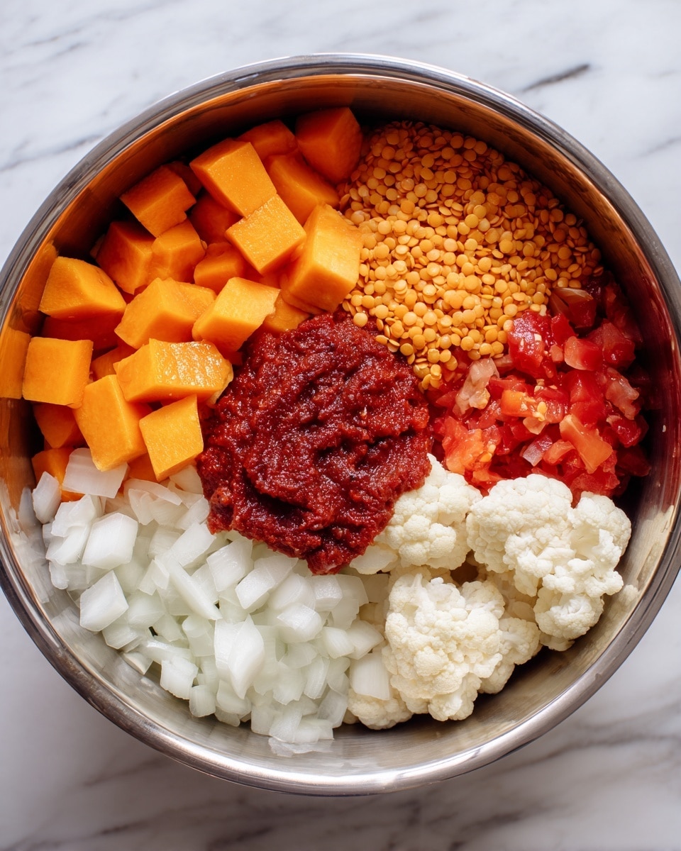 Inside a shiny stainless steel pot, there are six different layers of ingredients arranged clearly. On the bottom left, bright orange diced butternut squash pieces are stacked neatly. Above the squash, white chopped onions form a chunky layer. To the right of the onions, small red diced tomatoes fill the space. Next to the tomatoes and spreading to the right side, small orange lentils create a textured layer. Below the lentils, a thick dollop of deep red tomato paste rests on top of the chopped garlic, which is finely minced and pale yellow. On the far right, white cauliflower florets complete the arrangement. The pot sits on a clean white marbled surface. photo taken with an iphone --ar 4:5 --v 7