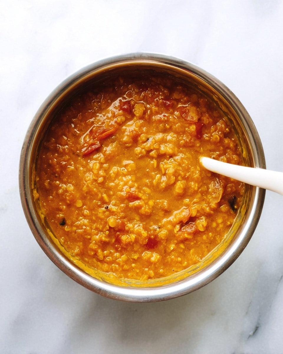 A round metal bowl filled with thick, orange-brown lentil stew that has a chunky, soft texture with visible bits of lentils and small pieces of tomato. A white spoon is partially submerged in the stew, resting on the right side of the bowl. The bowl sits on a white marbled surface. photo taken with an iphone --ar 4:5 --v 7