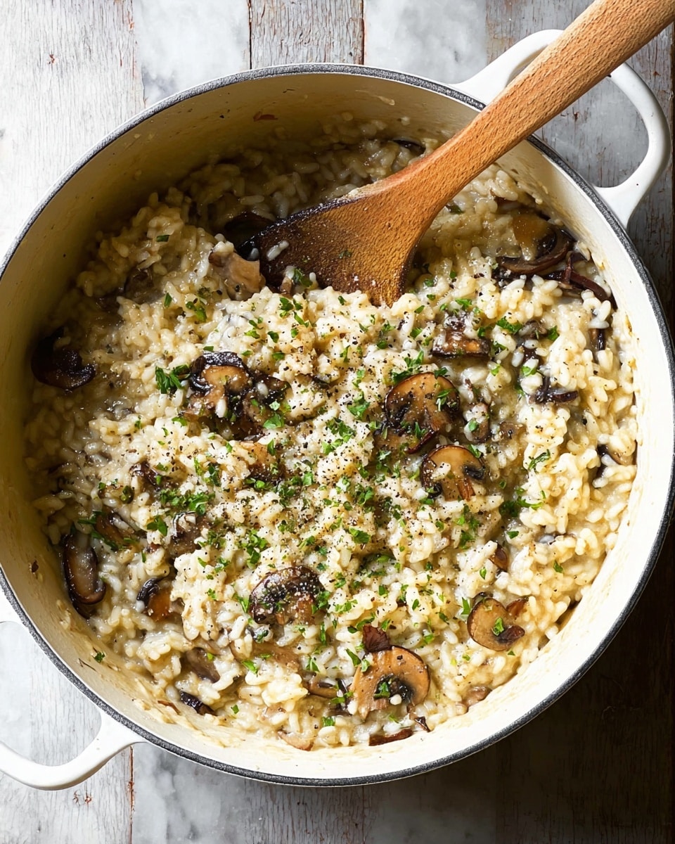 A top view of a white pot filled with creamy mushroom risotto. The risotto is light beige with small, soft rice grains and scattered dark brown mushroom pieces mixed throughout. The dish is sprinkled with finely chopped green herbs and a light dusting of black pepper on top. A wooden spoon rests inside the pot, partially submerged in the risotto. The pot is placed on a white marbled surface. photo taken with an iphone --ar 4:5 --v 7