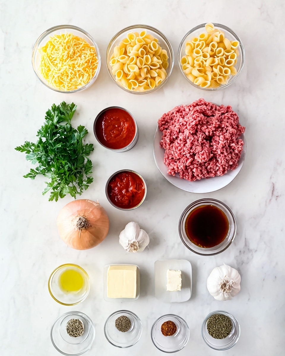 The image shows ingredients for a recipe laid out on a white marbled surface. On the top row, there are two clear glass bowls, one filled with yellow shredded cheese and the other with uncooked pasta shells. Below these, to the left, there is an open can of red tomato sauce, and to the right, a white plate holds a large portion of raw ground meat. Next to these on the left side is a small bunch of fresh green parsley and a whole light brown onion. To the right of the onion is an open can with red tomato paste, and beside it is a small glass bowl filled with a dark brown liquid. Below these ingredients are four garlic cloves, a small glass bowl of light yellow oil, a small dish with a square of butter, and three small glass bowls containing black pepper, green dried herbs, and reddish-brown spices. The ingredients are neatly arranged in rows, with clear visibility of colors and textures. photo taken with an iphone --ar 4:5 --v 7
