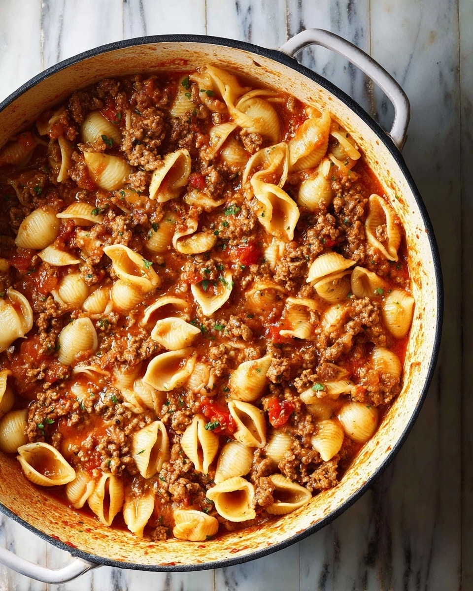 A large red pot filled with a thick pasta dish made of medium-sized shell pasta and a chunky meat sauce. The sauce is rich orange-red with visible pieces of browned ground meat mixed throughout, coating the pasta evenly. A wooden spoon with a long handle rests inside the pot, partially covered by the pasta and sauce, showing the dish's hearty texture. The pot is placed on a wood-textured surface background now imagined as white marbled texture. Photo taken with an iphone --ar 4:5 --v 7