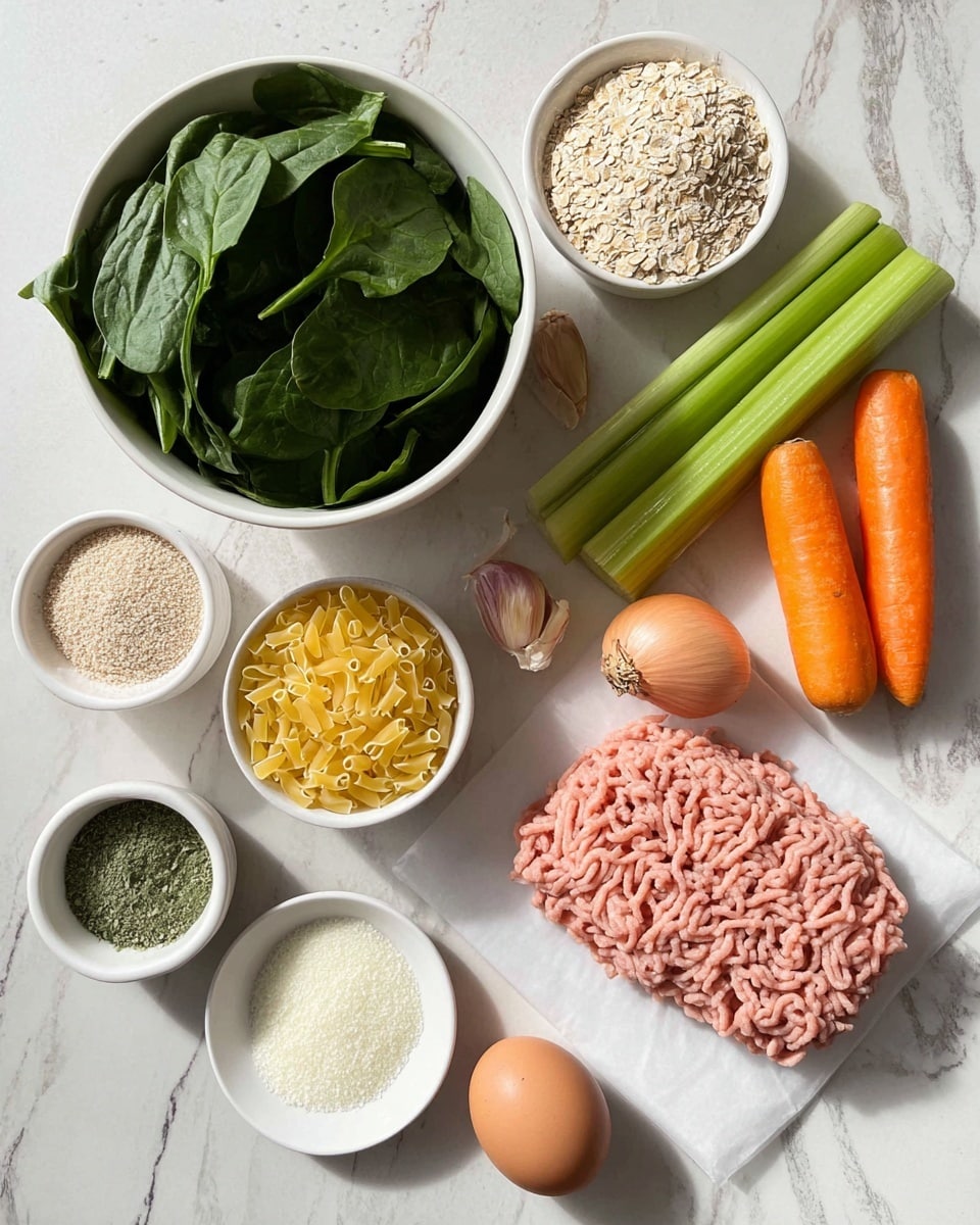 The image shows an arrangement of fresh cooking ingredients on a white marbled surface. At the center left, there is a white bowl filled with dark green spinach leaves. To its right, two long green celery sticks lie next to two bright orange carrots and a light brown onion. Below the carrots and onion are two cloves of garlic. Above the celery is raw ground light pink meat on white parchment paper. On the left side, there are small white bowls with various dry ingredients: one with light beige breadcrumbs, one with tiny yellow pasta, one with grated white cheese, and a smaller plate with green herbs, white powder, and pink salt. Below the spinach bowl is a brown egg. The overall setting is clean and organized with natural colors, photo taken with an iphone --ar 4:5 --v 7