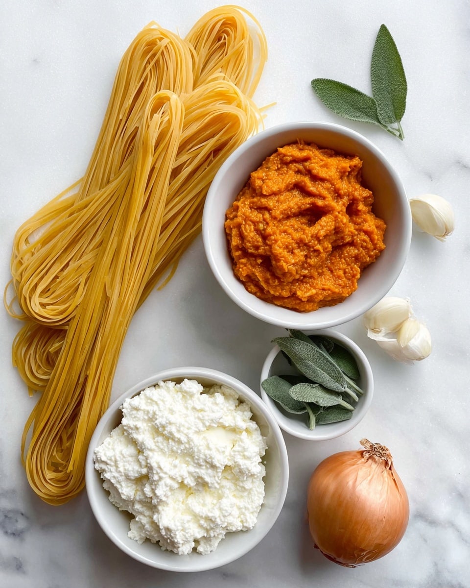 The image shows uncooked thin pasta strands arranged in a neat bundle on the left side over a white marbled surface. On the right side, there are three white bowls: the top bowl filled with chunky orange-red pumpkin puree, the middle bowl containing a white, creamy ricotta cheese with a slightly grainy texture, and the bottom smaller bowl holding fresh green sage leaves. Below the pasta, there is a whole brown onion with a smooth skin and four garlic cloves scattered nearby. The overall setup is clean and organized, with each ingredient clearly separated on the white marbled background. photo taken with an iphone --ar 4:5 --v 7