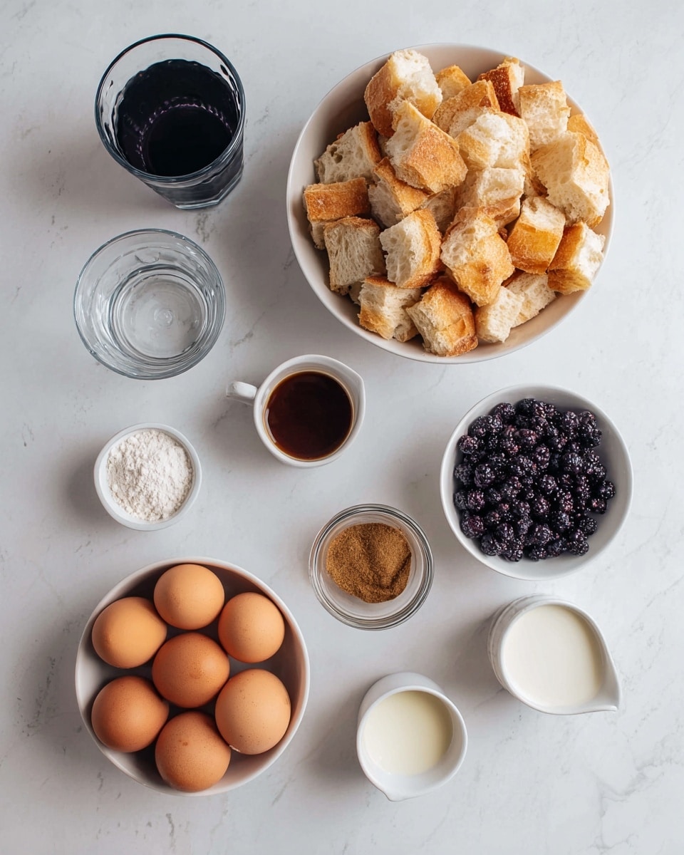 The image shows a thick square slice of bread pudding on a white plate, with a fork beside it. The dish has three main layers: a soft and moist bottom layer with a golden color, a middle layer made of bread chunks studded with blueberries, and a top layer that is a bit crispy and golden brown. Fresh blueberries are scattered on the pudding and plate, with some syrup pooled underneath, creating a shiny, amber surface. In the background, there is a white bowl filled with fresh blueberries and a white baking dish with more bread pudding, all set on a white marbled surface. Photo taken with an iphone --ar 4:5 --v 7