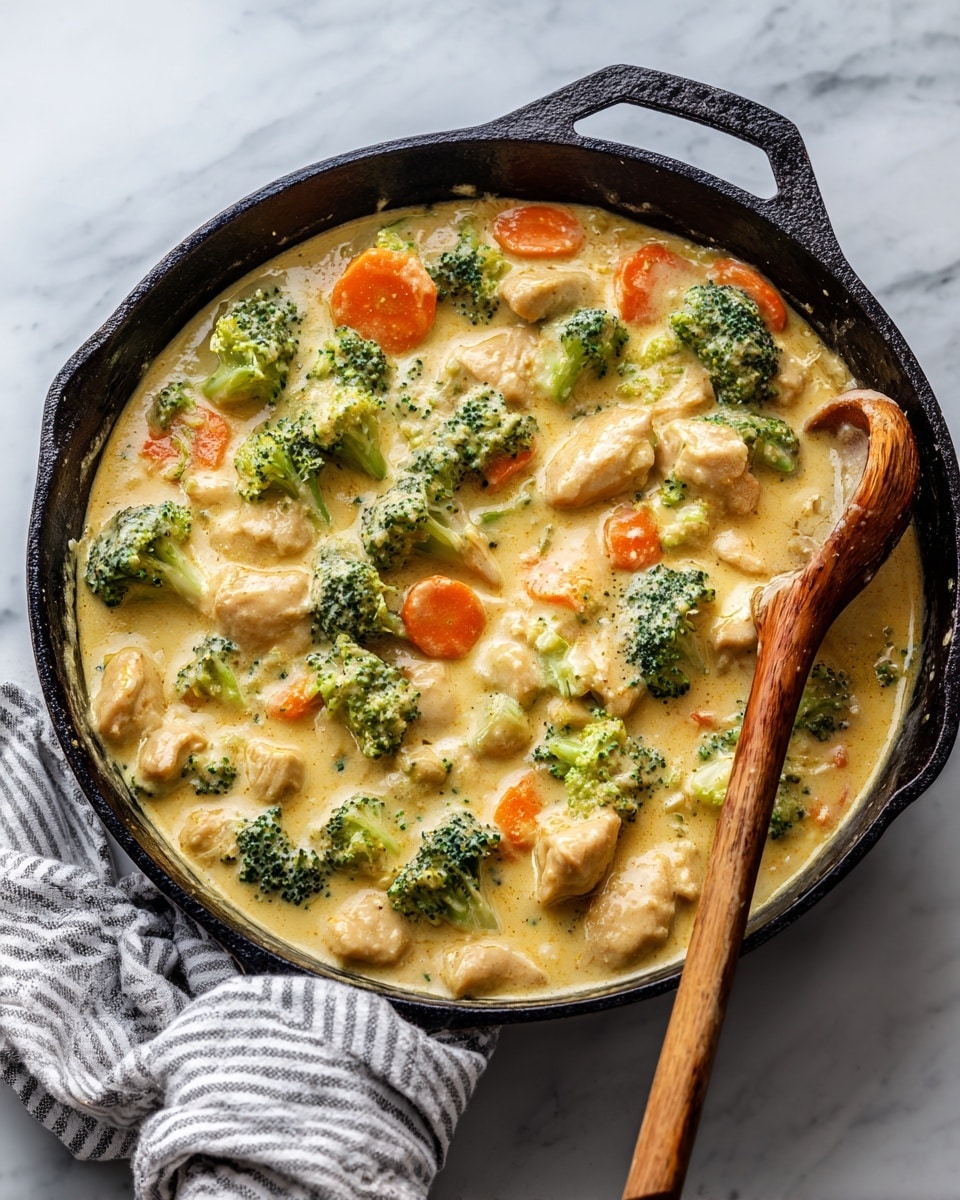 A black cast iron skillet sits on a white marbled surface, filled with a creamy dish that has three clear layers: light green broccoli florets, orange carrot slices, and pale beige chunks of chicken all mixed in a smooth, shiny, light yellow sauce. A wooden spoon rests on the right side inside the skillet, partially covered by the sauce and vegetables. A striped white and gray cloth is wrapped around the handle of the skillet. Photo taken with an iphone --ar 4:5 --v 7