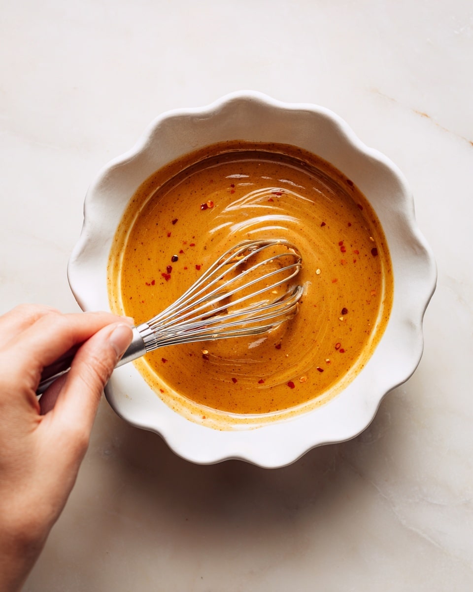 A white bowl with a scalloped edge sits on a white marbled surface, filled with a thick orange-brown sauce that has small red specks scattered throughout. A hand holds a small metal whisk inside the bowl, partially stirring the smooth sauce, creating subtle swirls and ridges on the surface. The photo is brightly lit, showing the sauce’s glossy texture clearly. photo taken with an iphone --ar 4:5 --v 7