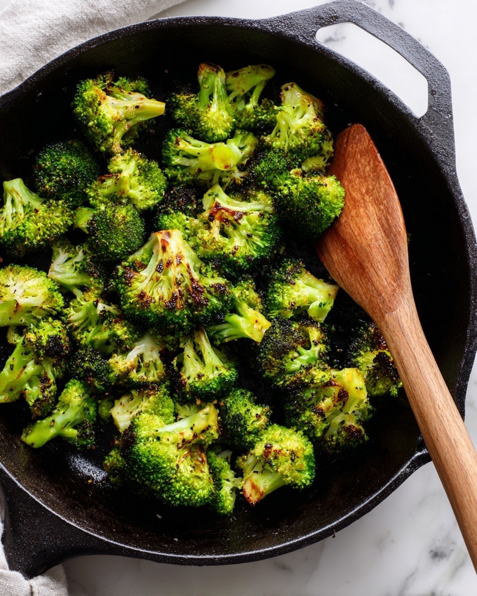A black cast iron pan filled with bright green broccoli pieces that have light brown char marks, showing they are cooked or roasted. The broccoli pieces are spread evenly across the pan, with a wooden spatula resting on the right side of the pan, touching some broccoli. The pan sits on a white marbled surface, adding contrast to the dark pan and vibrant green broccoli. photo taken with an iphone --ar 4:5 --v 7