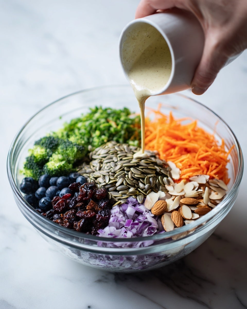 A clear glass bowl filled with a colorful salad showing several layers and textures: finely chopped green broccoli and parsley form the base with orange shredded carrots spread evenly throughout; scattered black olives add a dark contrast on top, while small bits of pale slivered almonds are mixed in for a light, crunchy texture; small pieces of purple onion add more color, and the salad is stirred with a light brown wooden spoon resting inside the bowl; the bowl sits on a white marbled surface, bright and clean, giving a fresh and healthy look photo taken with an iphone --ar 4:5 --v 7