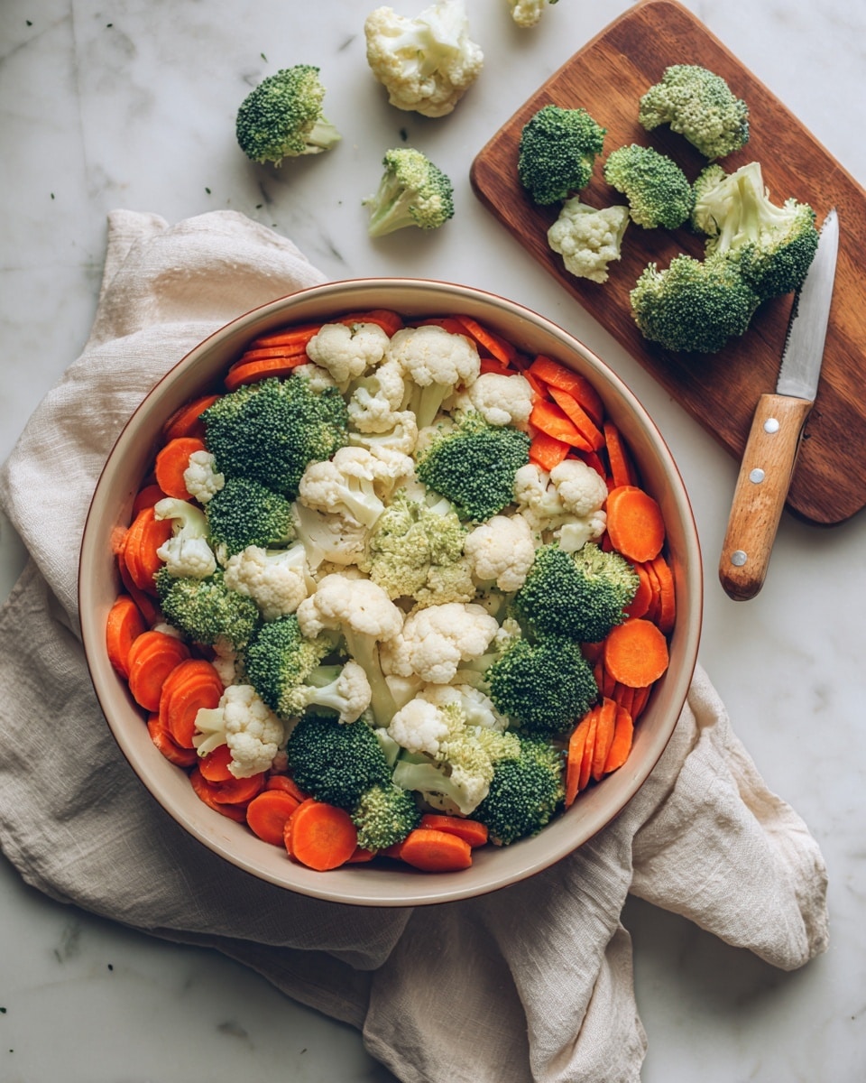 A round white ceramic dish filled with three layers of fresh vegetables: the bottom layer is bright orange carrot slices, the middle layer is green broccoli florets with a textured surface, and the top layer consists of white cauliflower florets with a slightly rough texture, all mixed evenly across the dish. The dish sits on a soft off-white cloth on a white marbled surface. Nearby, a wooden board holds extra broccoli and cauliflower pieces along with a small knife with a light wood handle. Photo taken with an iphone --ar 4:5 --v 7