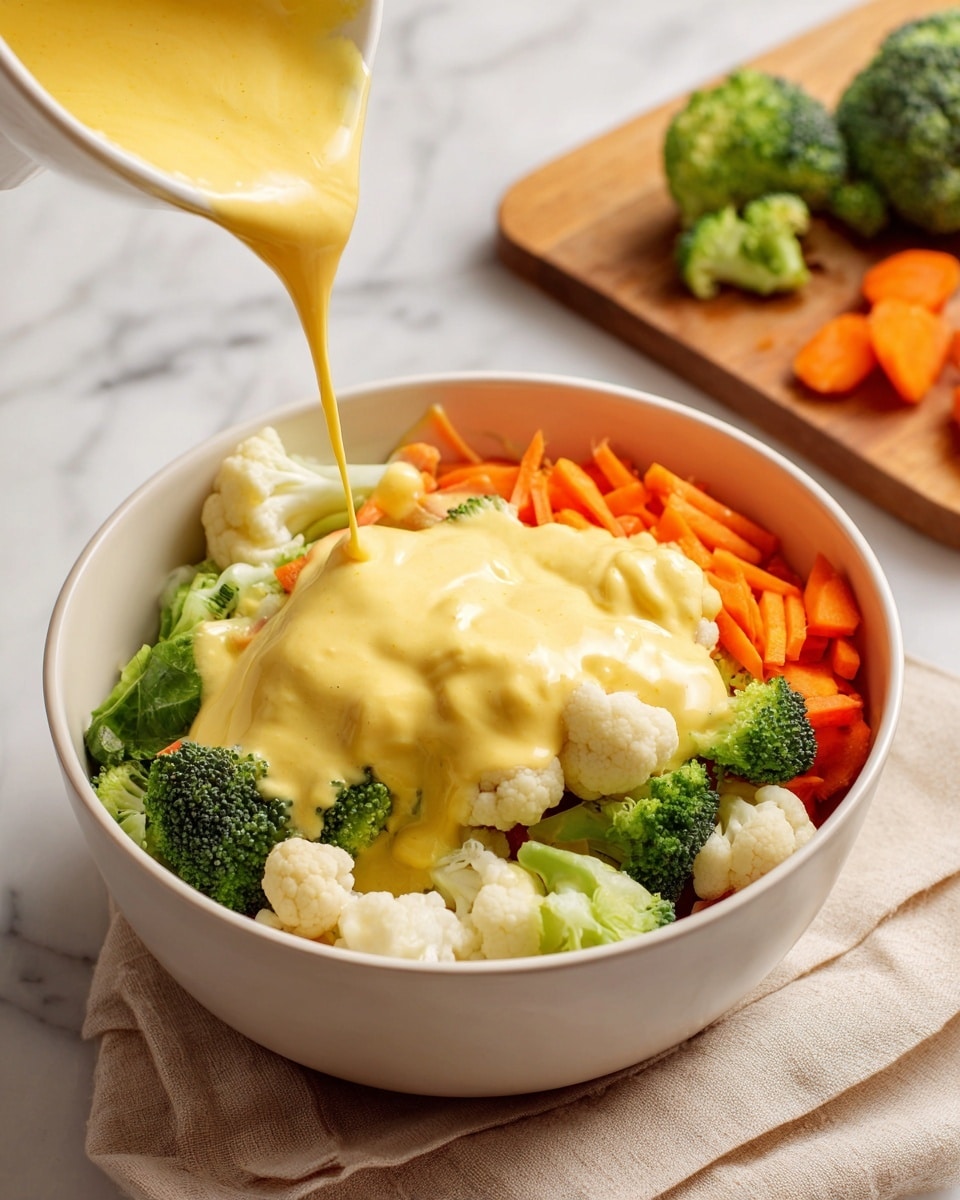 A white bowl filled with three layers: the bottom layer is mixed raw vegetables with bright green broccoli florets, white cauliflower pieces, and bright orange carrot slices evenly spread; the second layer is a smooth, thick, creamy light yellow cheese sauce being poured from above, covering the vegetables with a glossy texture. The bowl sits on a white marbled surface with a beige cloth nearby, and in the background, some raw broccoli and carrot pieces rest on a wooden cutting board. Photo taken with an iphone --ar 4:5 --v 7
