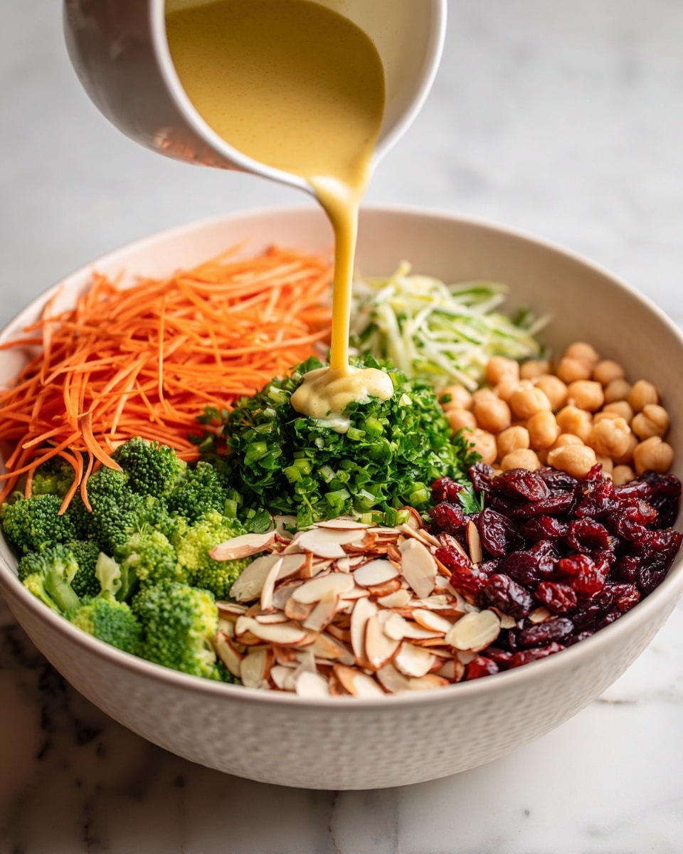 A large white bowl sits on a white marbled surface, showing a colorful layered salad inside. The bowl holds seven distinct layers, each arranged side by side: shredded bright orange carrots, thinly sliced light brown almonds, chopped green cilantro in the center, fresh green broccoli florets, light beige chickpeas, dark red dried cranberries, and light green chopped green onions. Thick yellow dressing is being poured from a tilted white bowl, flowing smoothly onto the mound of chopped cilantro in the middle. Photo taken with an iphone --ar 4:5 --v 7