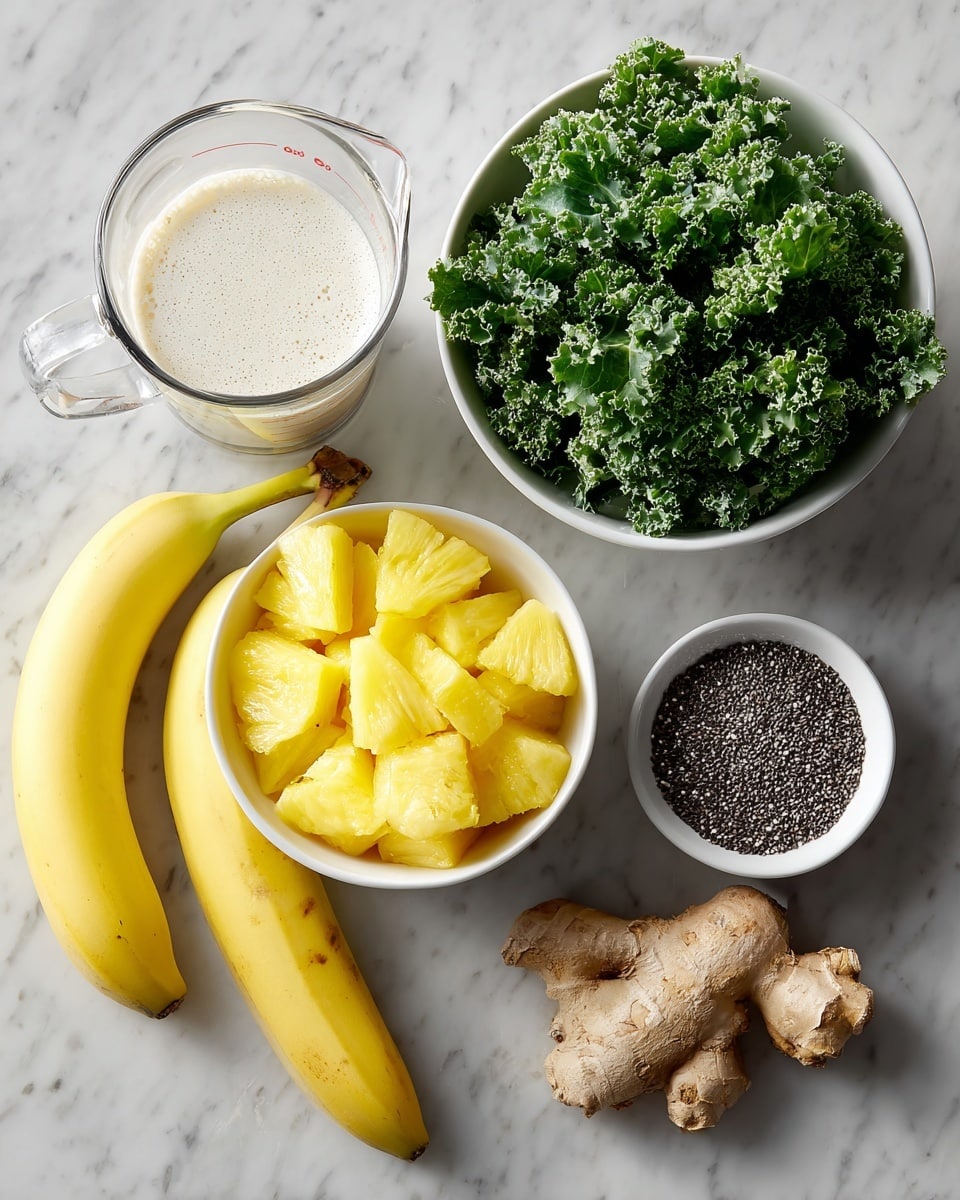 The image shows ingredients for a smoothie on a white marbled surface. There is a white bowl in the center filled with bright yellow frozen pineapple chunks. Above it to the right is a white bowl full of fresh green kale leaves with a curly texture. To the left of the pineapple is a clear glass measuring cup with creamy white liquid. At the bottom left, two whole yellow bananas with a smooth peel rest side by side. Below the kale bowl is a small white cup filled with black chia seeds. To the right of the chia seed cup is a light brown piece of fresh ginger root with a rough texture. A few small kale leaves are scattered around the bowls and cups. Photo taken with an iphone --ar 4:5 --v 7