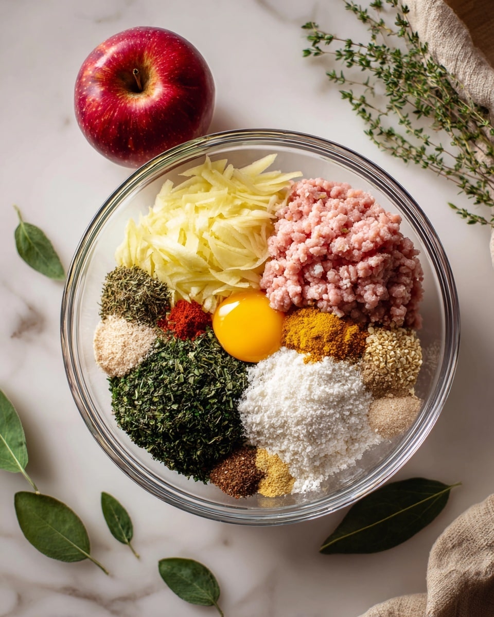 A clear glass bowl sits on a white marbled surface, filled with several separate layers of ingredients. On the right side, there is raw light pink ground meat, next to a bright yellow raw egg yolk. Above this is a pile of pale yellow shredded apple. Below the apple, in the center, there is a mound of dark green chopped herbs. Around this are small piles of various spices: white salt, black pepper, dried thyme, red chili flakes, light brown ginger powder, beige garlic powder, and a darker brown powder. At the bottom, a large layer of white breadcrumbs is arranged in a semicircle. To the left of the bowl is a red apple, and scattered green leaves and a beige cloth are nearby. Photo taken with an iphone --ar 4:5 --v 7