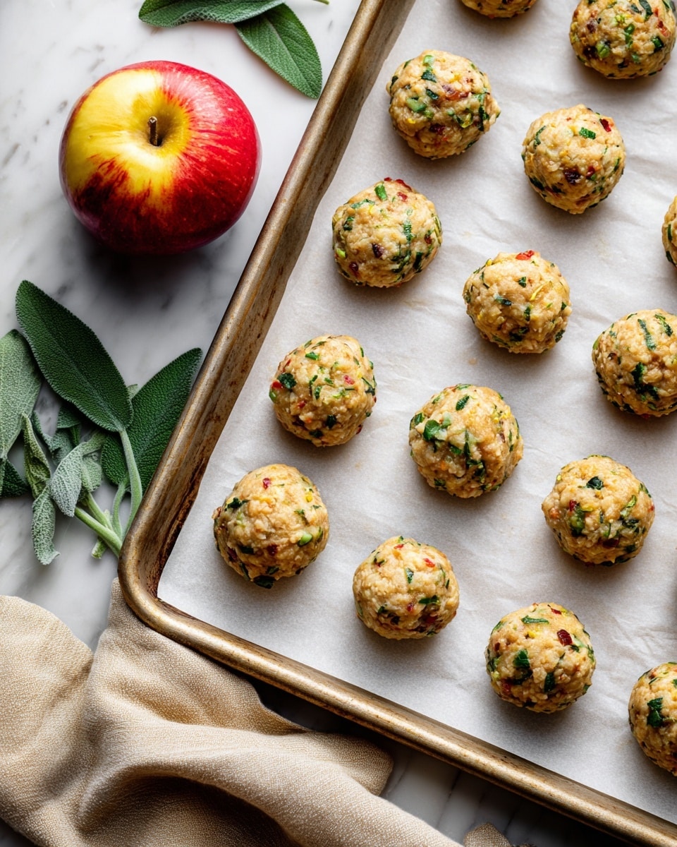 The image shows a baking sheet lined with white parchment paper holding 20 evenly spaced raw meatballs, arranged in a 4 by 5 grid. Each meatball is light brown with bits of green and red herbs and small bits of white, giving them a speckled texture. To the left of the baking sheet, there is a red apple with yellow spots resting directly on a white marbled surface. Fresh green leaves, likely sage, are placed around the edges of the baking sheet, with a beige cloth partially visible under the bottom left corner of the sheet. The photo taken with an iphone --ar 4:5 --v 7
