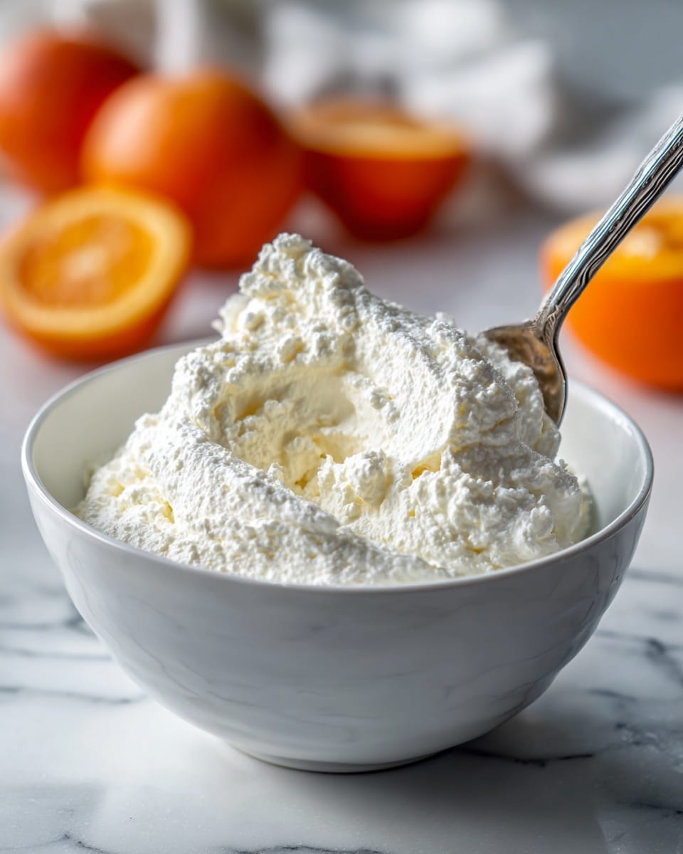 A white bowl filled with creamy textured white ricotta cheese, slightly scooped with a silver spoon resting inside, showing a soft and smooth consistency with some small lumps. The bowl is placed on a white marbled surface, with blurred half and whole reddish oranges in the background, adding a warm fruit contrast. Photo taken with an iphone --ar 4:5 --v 7