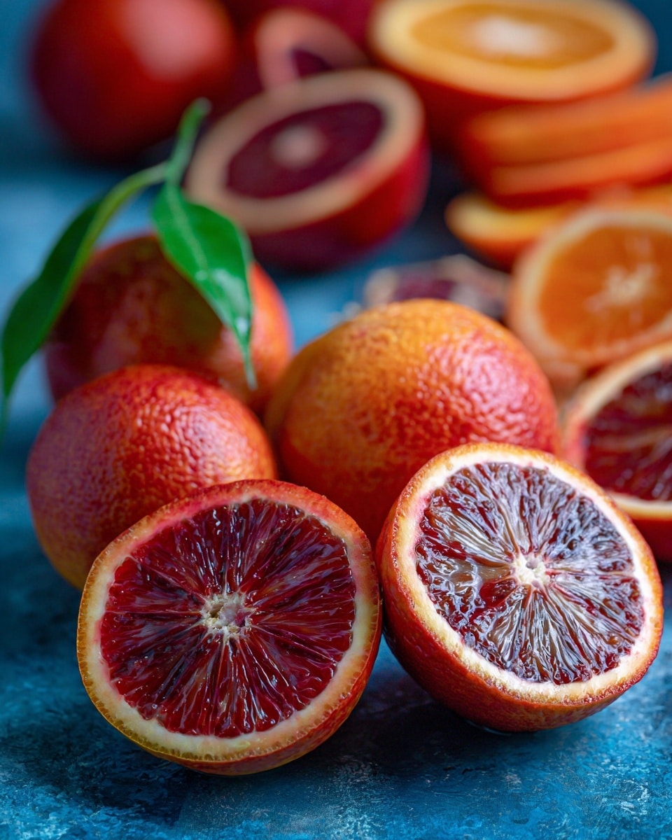 The image shows whole and sliced blood oranges placed on a blue textured surface. One blood orange is sliced in half, showing deep red and orange segments inside with a slightly glossy texture. Around it, there are several whole blood oranges with a smooth, bright orange peel mixed with red tones. A small green leaf is attached to one of the whole oranges. In the background, more orange slices are blurred with their vibrant colors visible. The overall look is fresh and bright with rich, warm colors. photo taken with an iphone --ar 4:5 --v 7