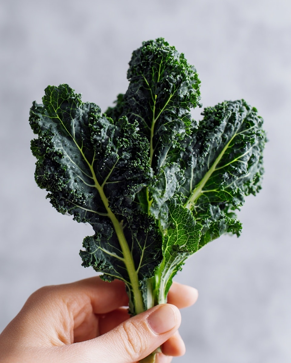 A close-up image shows a few small, curly leaves of dark green kale held between the thumb and forefinger of a woman's hand. The kale leaves have a rough, wrinkled texture with visible veins and a slight shine on their surface. The background is plain and soft, with a smooth gray tone that highlights the fresh green color of the kale. photo taken with an iphone --ar 4:5 --v 7
