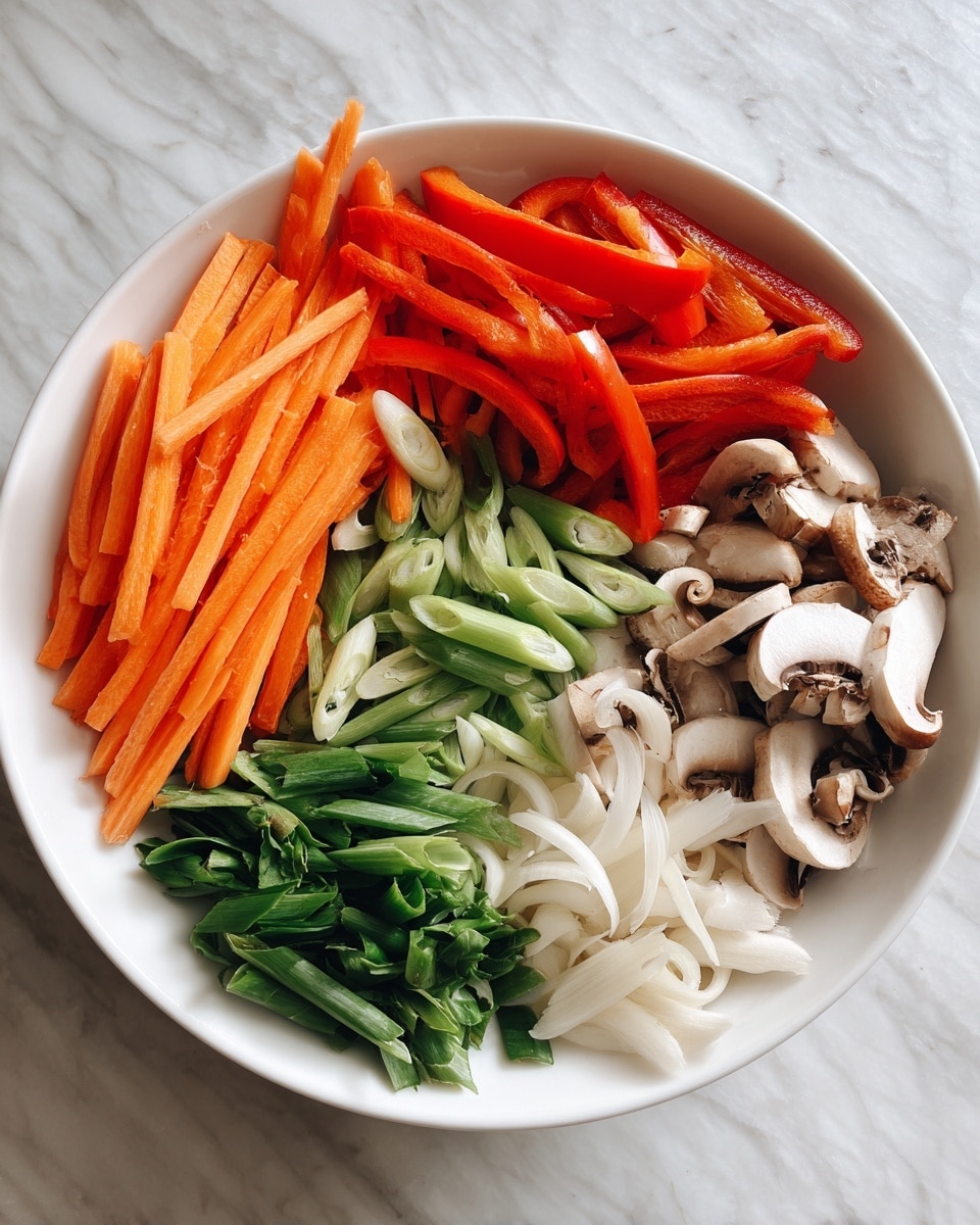 A white bowl holds four groups of fresh sliced vegetables arranged side by side: long thin orange carrot sticks on the left, bright red bell pepper strips next to them, a mix of sliced green onions and leafy green vegetables in the middle, and white mushrooms sliced thin on the right. The bowl is placed on a white marbled textured surface. photo taken with an iphone --ar 4:5 --v 7