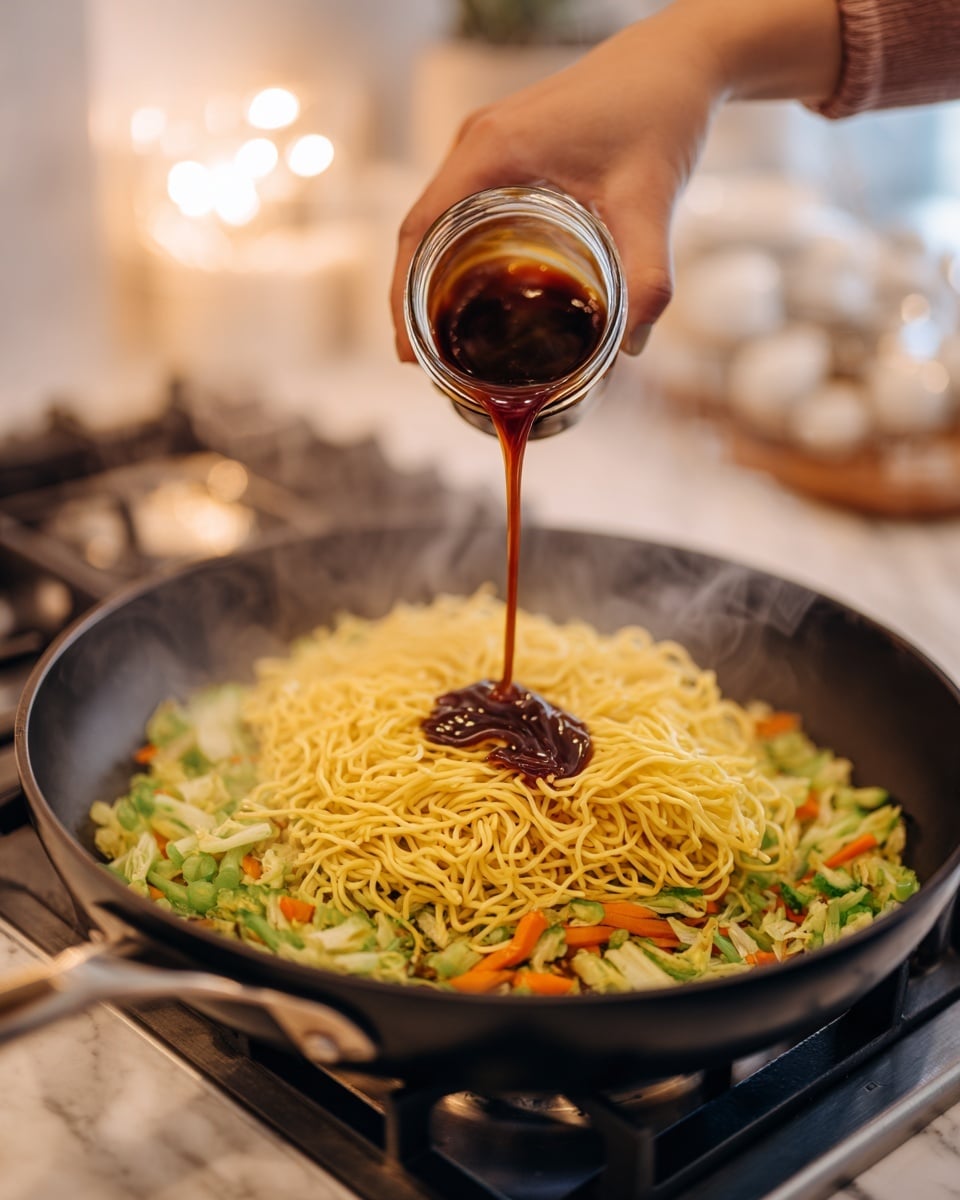 A black pan sits on a stove with steam rising, filled with a base layer of vegetables including green and orange pieces, topped with a large pile of yellow noodles in the center. Above the pan, a woman's hand holds a small jar pouring dark brown sauce in a thin stream onto the noodles. The background shows a blurred kitchen with a warm light and some white kitchenware. The scene is set on a white marbled surface. Photo taken with an iphone --ar 4:5 --v 7