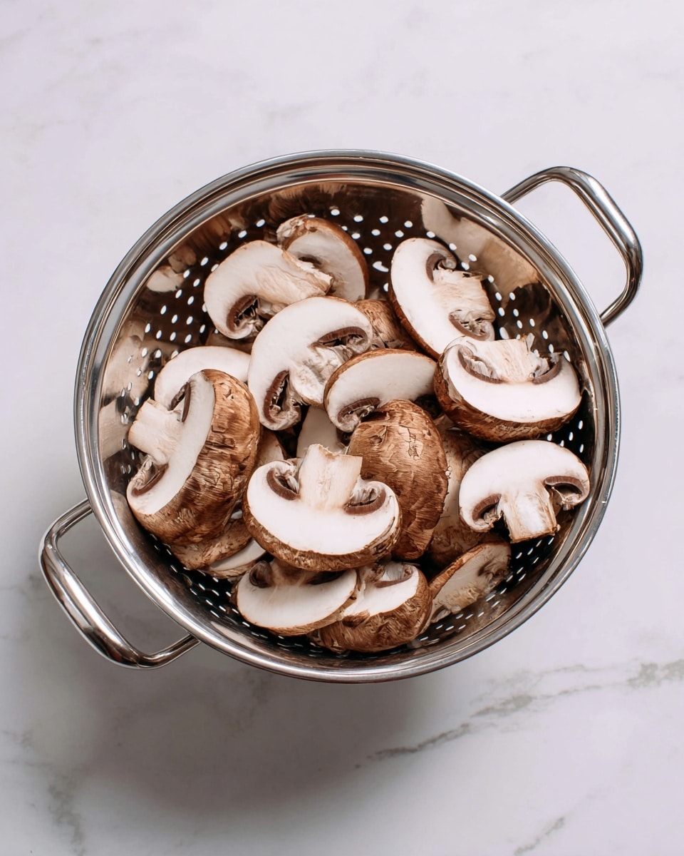 The image shows a shiny silver metal colander filled with sliced brown mushrooms. The mushrooms have a smooth, white inside and a textured, brown outside. They are layered randomly inside the colander, with their curved shapes and thick slices visible. The colander has many small holes and two metal handles, placed on a white marbled surface. The lighting is bright, highlighting the fresh look and details of the mushrooms and the reflective colander. photo taken with an iphone --ar 4:5 --v 7