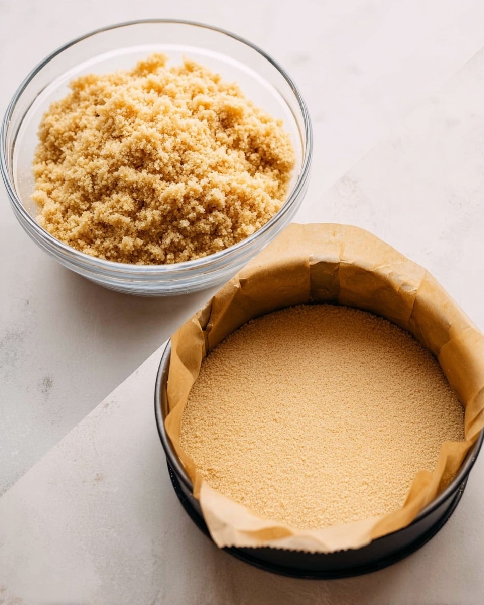 The image shows a side-by-side view of two stages in making a crumb crust. On the left, there is a clear glass bowl filled with a crumbly, golden mixture that looks soft and sandy in texture. On the right, there is a round baking pan lined with brown parchment paper, filled with the same crumb mixture pressed down evenly to form a smooth, light golden base and sides. The scene is set on a white marbled surface. photo taken with an iphone --ar 4:5 --v 7