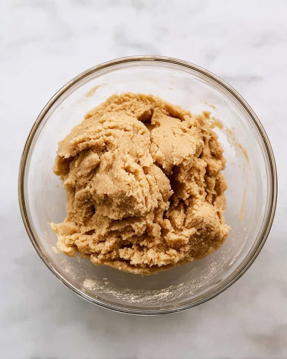 A clear glass bowl filled with a single large mound of light brown cookie dough that looks soft and thick. The dough has a slightly rough texture with some small cracks and folds visible on its surface. The bowl is placed on a white marbled surface. Photo taken with an iphone --ar 4:5 --v 7