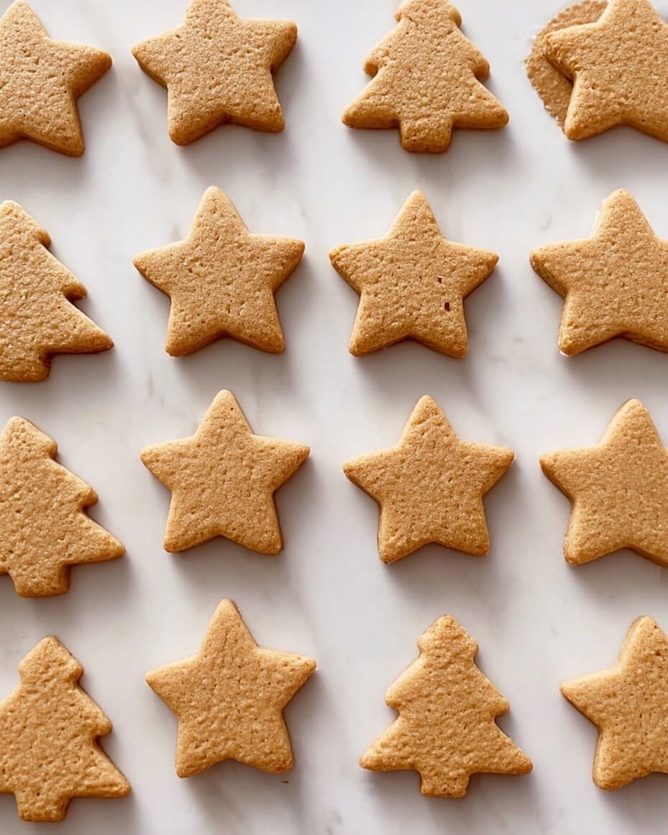 The image shows one layer of baked cookies on a white marbled surface. There are star-shaped cookies with a light brown color, slightly cracked on top with a smooth but crumbly texture. The cookies are neatly arranged in rows with a few tree-shaped cookies mixed in, all of the same light brown shade and similar texture. The overall look is simple and clean, highlighting the plain baked cookies without any decoration photo taken with an iphone --ar 4:5 --v 7