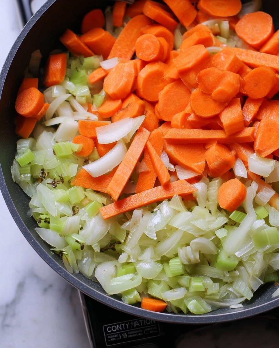 The image shows a close-up of a black pan filled with three layers of chopped vegetables. The top layer is bright orange carrot slices, some thick and some thin, with a smooth texture. The middle layer has pale green celery pieces, some with visible small seeds inside. The bottom layer contains white onion strips that look soft and slightly translucent. All the vegetables mix together, showing a fresh, crunchy texture. The pan is sitting on a white marbled surface with a caution hot surface sign visible in the lower part of the image. photo taken with an iphone --ar 4:5 --v 7