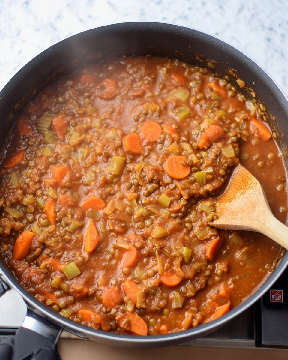 The image shows a dish with two layers on a white plate set on a white marbled surface. The bottom layer is a brown lentil mixture with visible small lentils and vegetables in a rich sauce. The top layer is a bright orange mashed sweet potato, spread evenly with a slightly textured surface from being forked. The mashed layer has a few green herb leaves sprinkled on top, adding a fresh contrast. There is a fork resting on the right side of the plate. In the background, there is a glass baking dish filled with the same layered dish, with a portion already missing, revealing the brown lentil base and thick orange top. Photo taken with an iphone --ar 4:5 --v 7