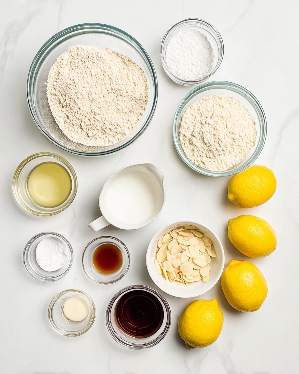 A flat lay image shows several clear glass bowls and a white bowl arranged on a white marbled surface. The largest bowl on the top left contains a light beige powdery mix with tiny dark specks. To its right, another medium glass bowl holds a finer, pale powder. Below them are three yellow lemons placed in a diagonal line on the right side. Around the lemons are small glass bowls with various ingredients: a light syrupy liquid, a small jug of white liquid, a bowl of white sugar, a small bowl of baking soda, baking powder, a dark brown liquid, and a white bowl filled with sliced almonds. The colors vary from creamy whites, pale yellows, to bright yellow lemons. photo taken with an iphone --ar 4:5 --v 7