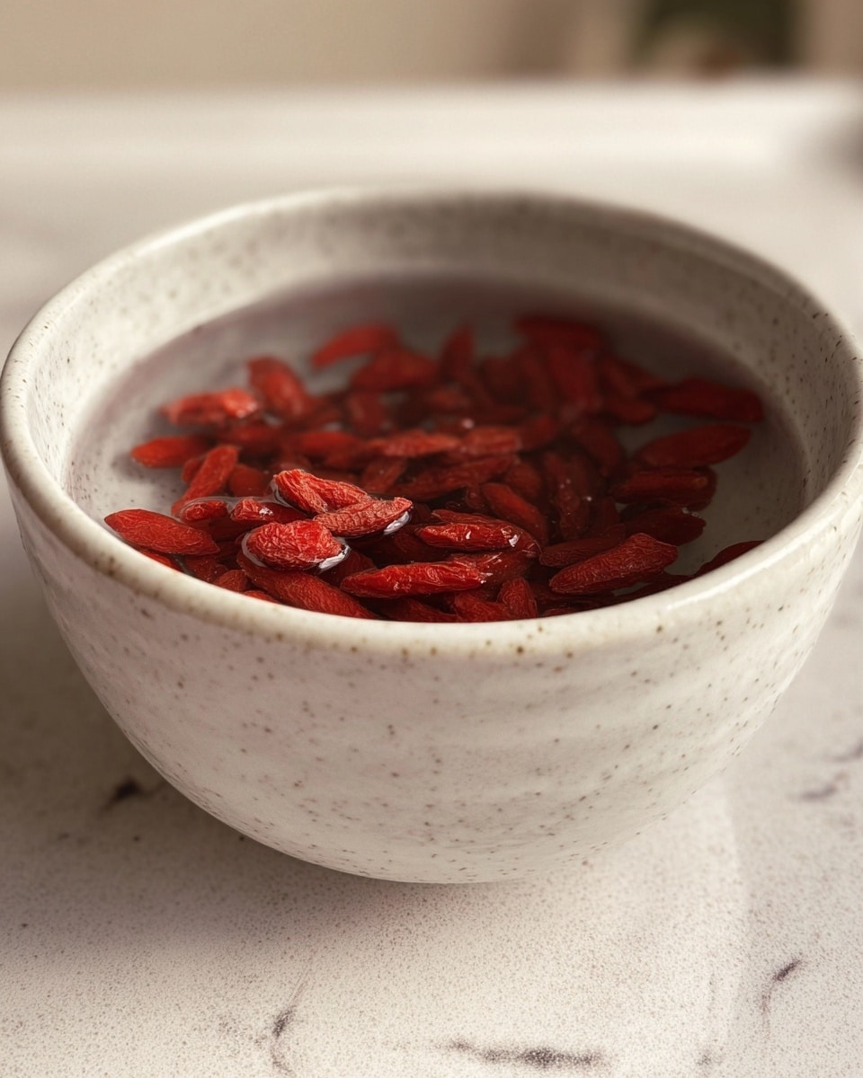 A white speckled ceramic bowl filled with dark red dried goji berries soaking in clear water, the berries slightly swollen and floating mostly on the surface, sitting on a white marbled texture surface with a soft blurred background, photo taken with an iphone --ar 4:5 --v 7
