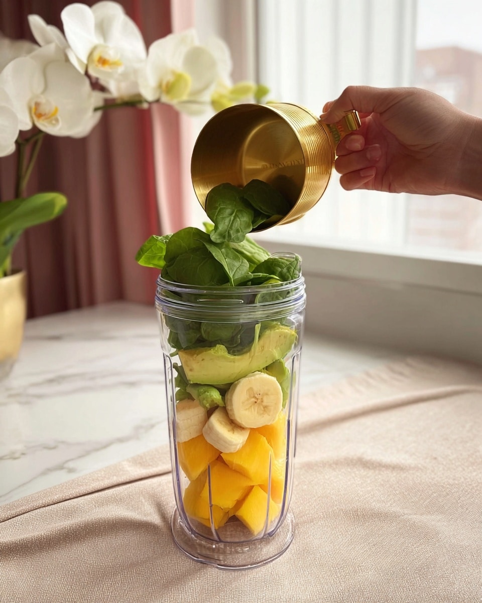 A woman's hand is pouring a thick, light green smoothie with small dark specks from a clear, rounded glass jar into a clear, wavy-shaped glass container. The smoothie forms a smooth stream as it fills the container. This scene is set on a light beige fabric surface with a white marbled textured background. To the right, there is a white pot holding a white orchid with green leaves near a window. photo taken with an iphone --ar 4:5 --v 7