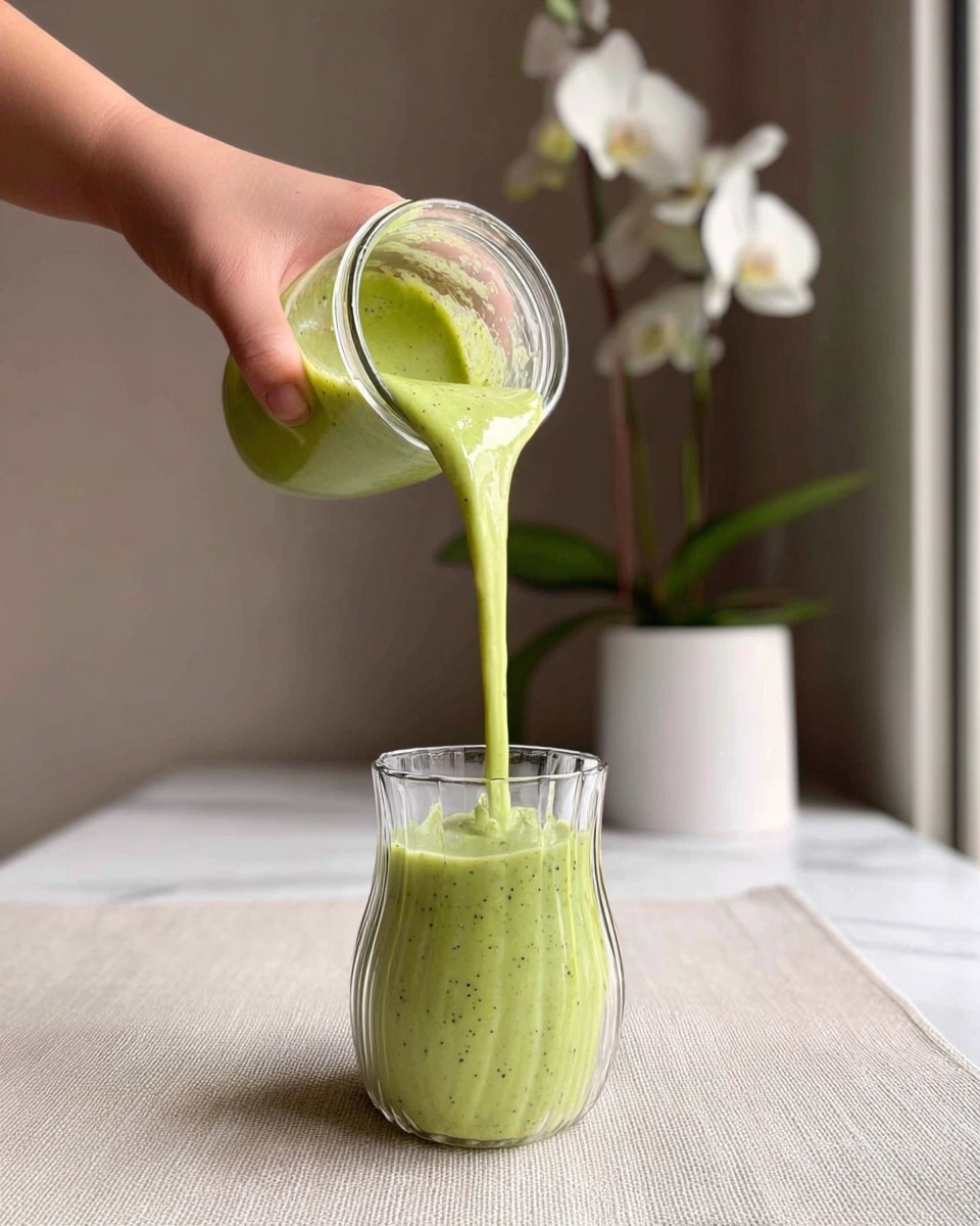 A clear blender cup sits on a beige cloth-covered table with three visible layers inside: at the bottom, there are round light yellow banana slices; in the middle, bright yellow-orange mango chunks mixed with green avocado pieces; on top, fresh green spinach leaves are being poured from a small gold measuring cup held by a woman's hand from the left side. In the background, there is a white orchid plant near a window, and the whole scene is set against a white marbled textured surface. Photo taken with an iphone --ar 4:5 --v 7