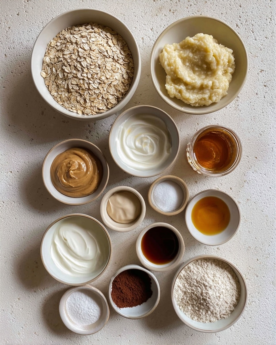A flat lay shows 15 small white bowls arranged in a loose grid on a white marbled texture. The largest bowl at the top left is filled with light beige rolled oats with a coarse texture. To the right, a medium bowl holds pale yellow mashed banana with a soft, slightly chunky texture. Next to it is a bowl with smooth, off-white liquid. Below these, a bowl with dark brown coffee shows a shiny surface. To the left, two small bowls hold smooth peanut butter in light brown shades, the larger one creamy and thick, the smaller bowl slightly thinner. To the right of the coffee bowl are two bowls with dark amber honey and a lighter amber liquid with a thick consistency. Below, a small bowl with dark reddish-brown cocoa powder has a dry and crumbly look. Next to it, two bowls contain light beige flour in powder form, one with a small mound and the other flattened. At the bottom, a medium bowl shows thick white yogurt swirled smoothly. Three tiny bowls in a row contain white powders, one pure white, one slightly off-white, and the last appearing like fine salt. The lighting is soft and natural, and the photo taken with an iphone --ar 4:5 --v 7