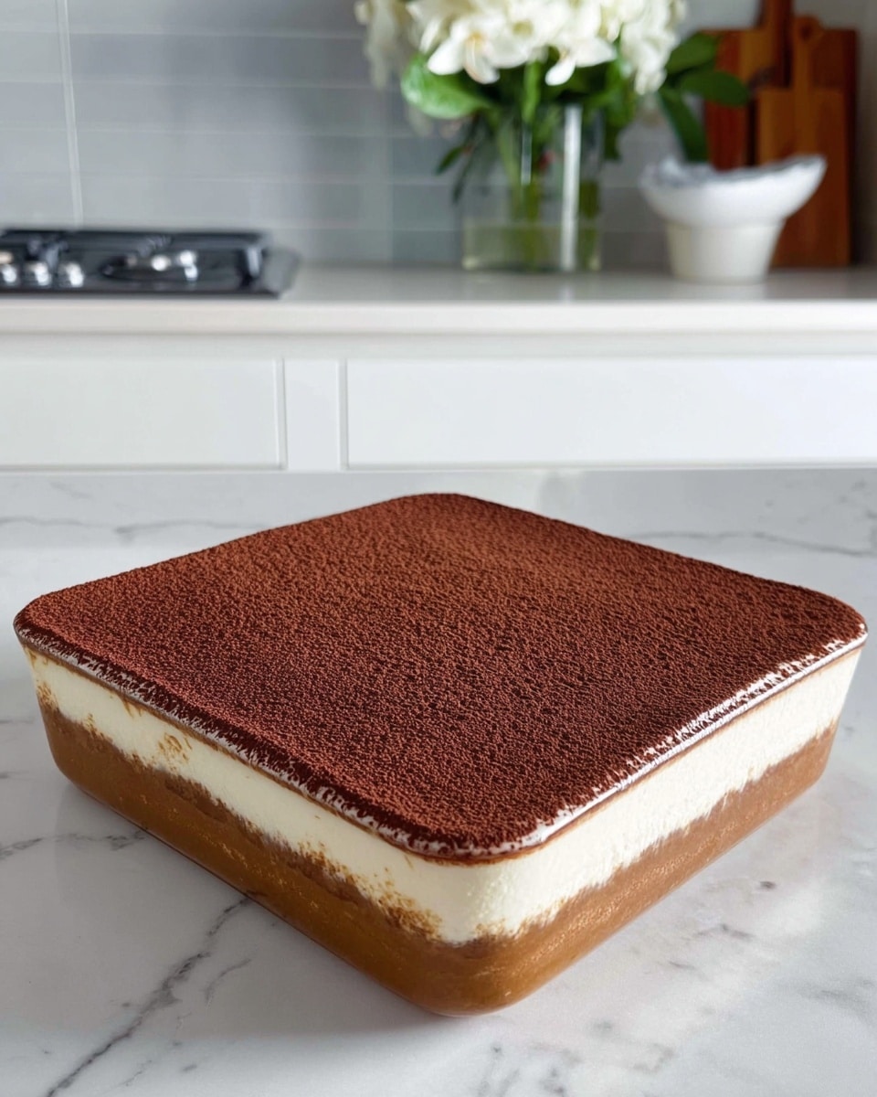 A square dessert dish with three visible layers sits on a white marbled surface; the bottom layer is light brown and smooth, the middle layer is creamy white and thick, and the top layer is a dark brown powdery cocoa dusting that covers the entire surface evenly. The white edges of the dish frame the dessert neatly. In the background, there is a blurred kitchen setting with white cabinets and a vase of white flowers. photo taken with an iphone --ar 4:5 --v 7