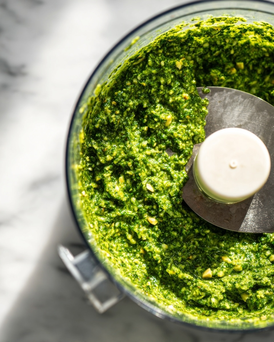 The image shows a close-up of a fresh green pesto sauce inside a clear food processor bowl. The pesto has a rough, slightly chunky texture with visible small bits of herbs, garlic, and nuts mixed evenly throughout. The green color is vibrant with flecks of lighter yellowish tones from cheese or nuts. The white food processor blade is partially visible inside the bowl. The background is a white marbled surface with bright natural light casting soft shadows, enhancing the fresh, homemade look of the pesto. photo taken with an iphone --ar 4:5 --v 7