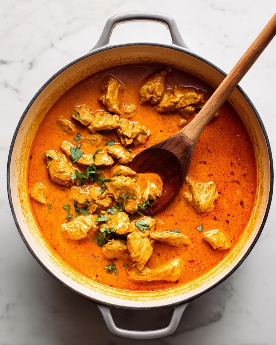 The image shows a pot with a thick, smooth orange sauce filling most of it. On top, there are many pieces of golden brown cooked chicken, some covered with sauce, giving a rich texture. A wooden spoon is resting inside the pot, partially covered with the orange sauce, stirring the chicken. The chicken pieces look tender and are scattered evenly in the sauce, with some fresh green herbs sprinkled on top, adding a touch of color contrast. The pot sits on a white marbled surface. photo taken with an iphone --ar 4:5 --v 7