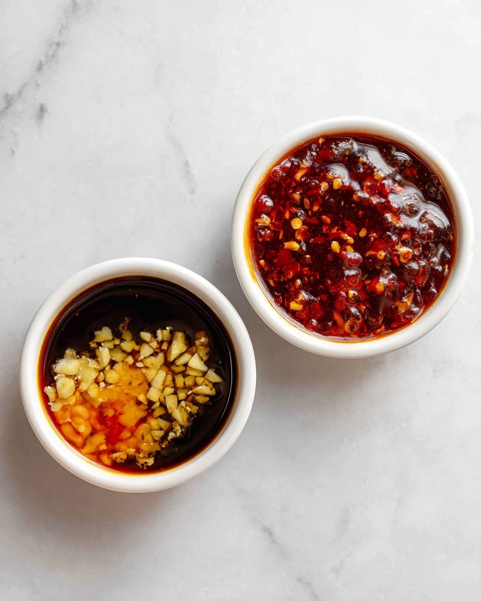 Two white bowls sit side by side on a white marbled surface. The left bowl has separate dark brown soy sauce, light yellow minced garlic, bright orange-red chili sauce, and pale minced ginger layers, all floating and not mixed. The right bowl shows the same ingredients fully mixed together, forming a thick, dark reddish-brown sauce with small light yellow bits evenly spread inside. The sauce looks shiny and oily on top. photo taken with an iphone --ar 4:5 --v 7