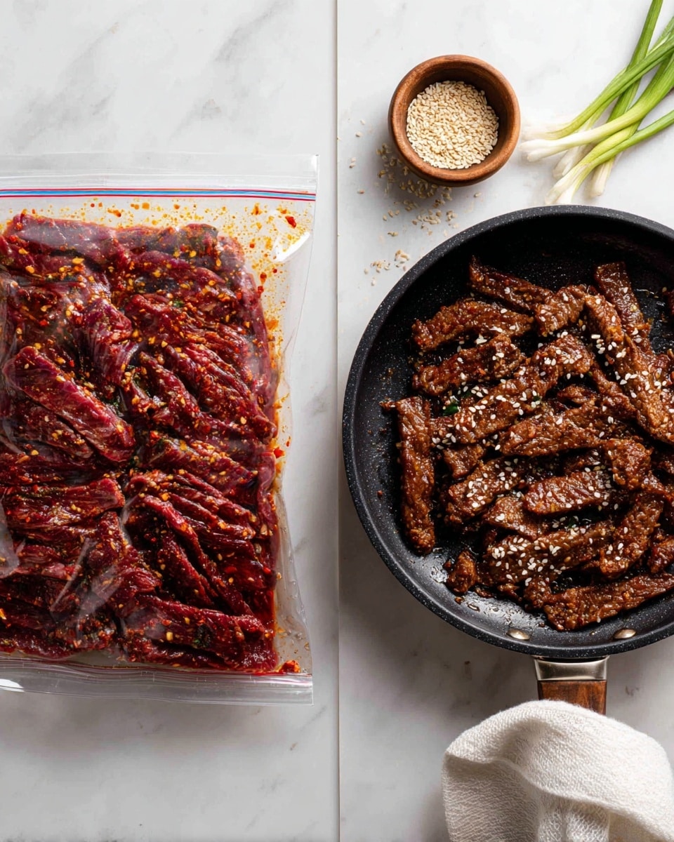 The image shows two side-by-side photos on a white marbled surface. The left side features a clear ziplock bag filled with raw beef strips covered in a red marinade with visible spices and garlic pieces evenly coating the meat. The right side shows the beef strips cooked in a black frying pan, browned and slightly crispy, sprinkled with white sesame seeds, with a small bowl of sesame seeds nearby and some green onion stalks partly visible in the top right corner. The pan rests on the white marbled surface, and a woman's hand with a white cloth holds the handle. photo taken with an iphone --ar 4:5 --v 7
