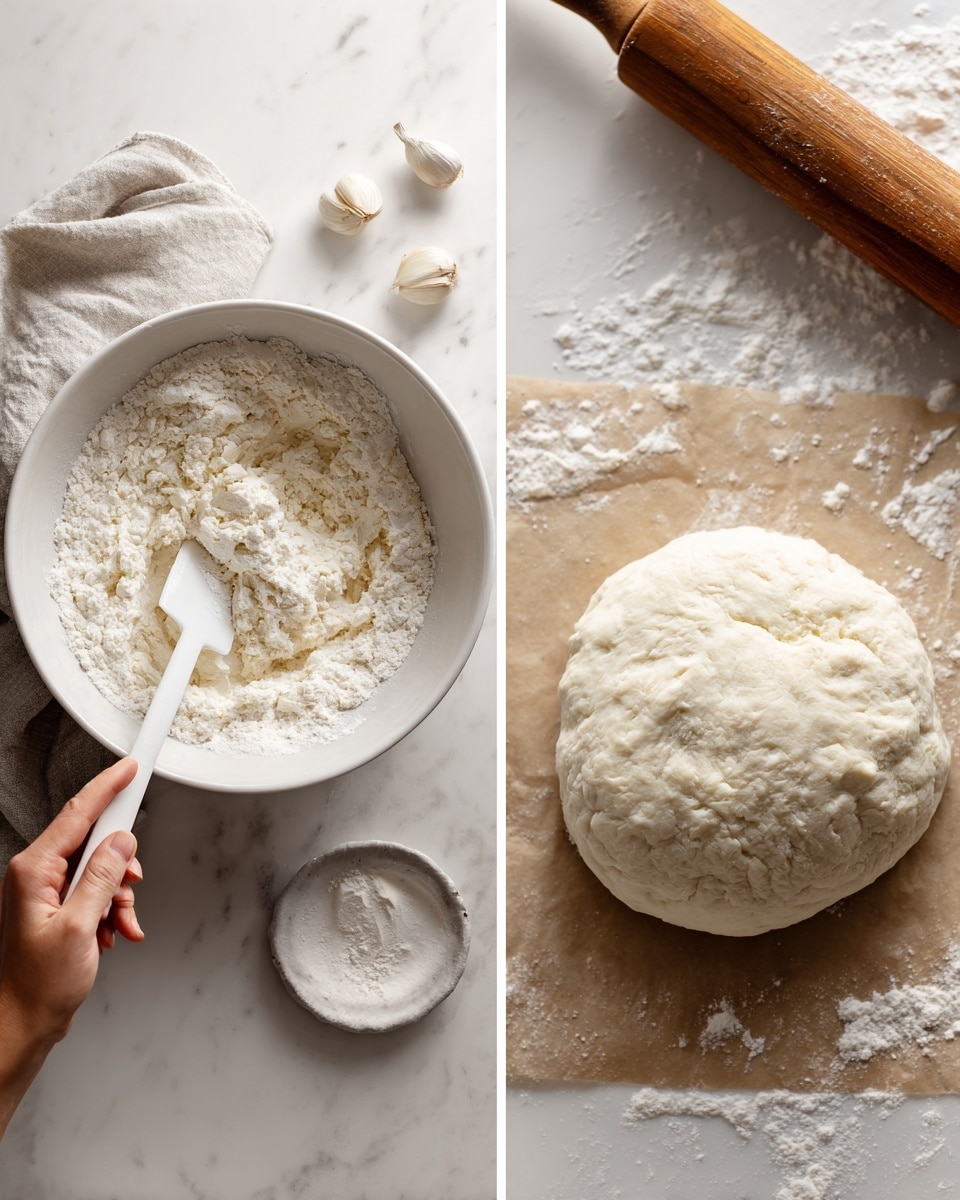 The image on the left shows a white bowl filled with white flour on the outside layers and a creamy white batter in the center being stirred by a woman's hand holding a white spatula, placed on a white marbled surface with a cloth and garlic nearby. The image on the right features a round ball of white dough with a soft, slightly rough texture resting on a light brown paper on a white marbled surface, with some white flour scattered around and a wooden rolling pin handle partly visible in the upper right corner. photo taken with an iphone --ar 4:5 --v 7