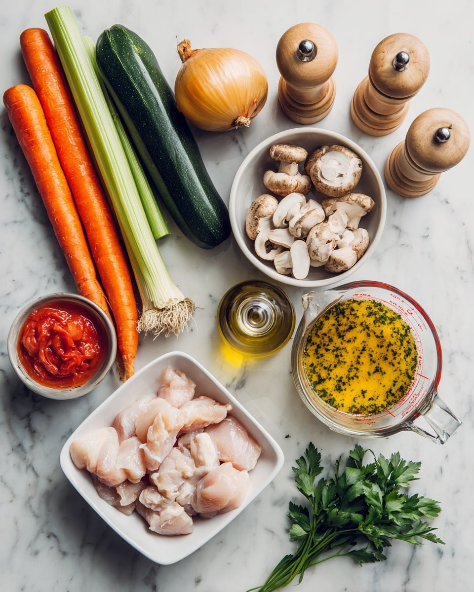 A collection of fresh ingredients arranged neatly on a white marbled surface. On the left, three orange carrots, two celery stalks, one dark green zucchini, one orange sweet potato, a clove of garlic, and a whole yellow onion lay side by side. In the top center, two wooden pepper mills stand next to a white bowl filled with light brown mushrooms. Below them, a clear glass bottle with cork contains olive oil, and a small glass jar holds bright red sauce. On the right side, a clear glass measuring cup is filled with a yellow broth or sauce speckled with herbs. A white square bowl at the bottom center holds several light pink raw sliced pieces of chicken. A small bunch of fresh green parsley sits at the bottom right corner. Photo taken with an iphone --ar 4:5 --v 7