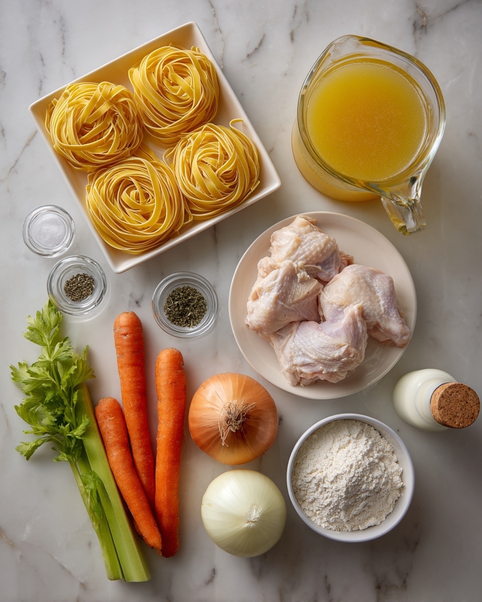 A white bowl filled with creamy chicken noodle soup showing a light, smooth broth with a milky white color. Inside the soup are several layers: thick wide egg noodles rolled softly with a light yellow shade, bright orange carrot slices cut into round shapes, small green celery pieces, and chunks of white cooked chicken scattered evenly throughout. The soup is topped with small green dill leaves and black pepper sprinkles adding texture and color contrast. The bowl sits on a white marbled surface with a red and white striped cloth partially visible. Photo taken with an iphone --ar 4:5 --v 7