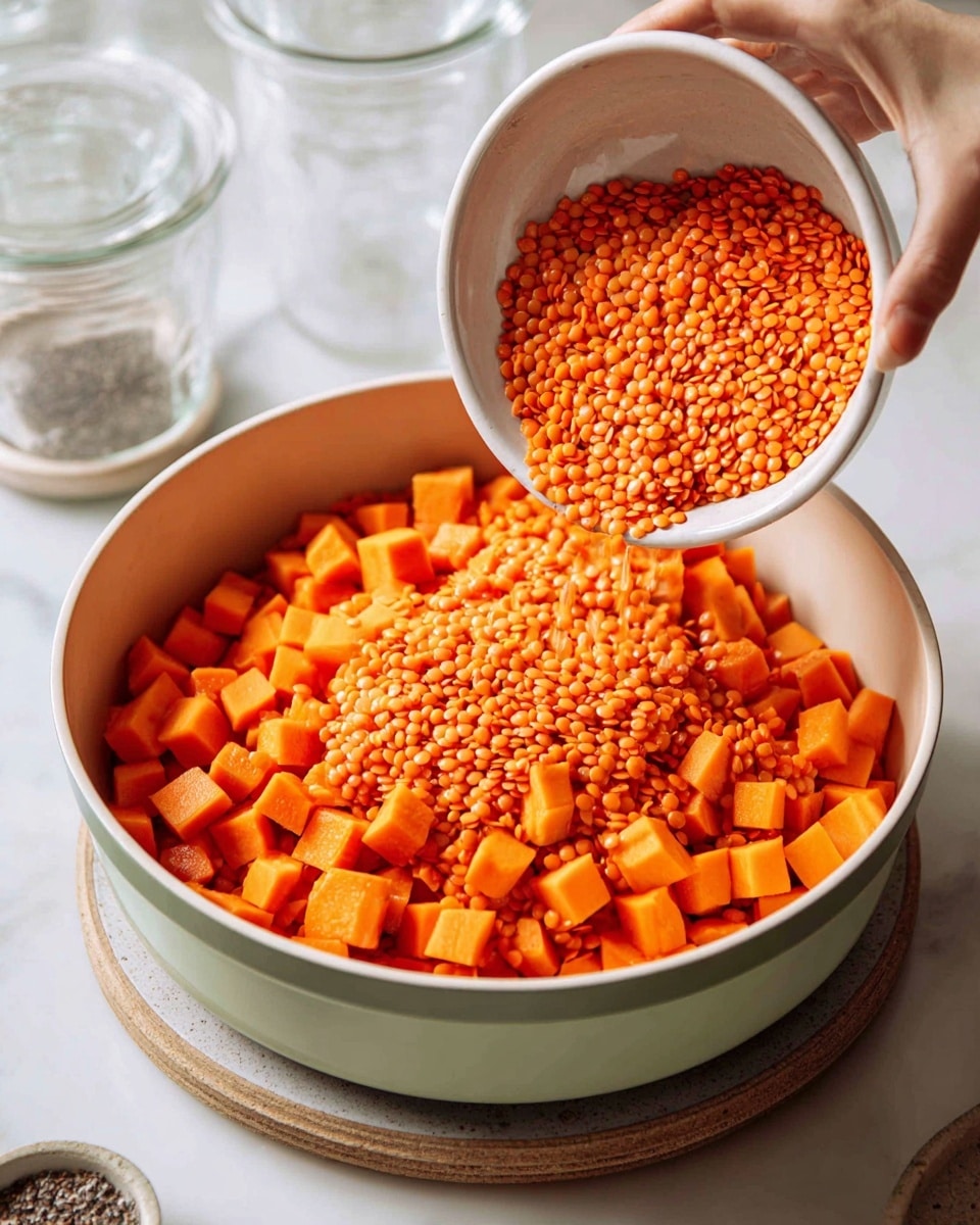The image shows a round pot filled with bright orange lentils layered on top of cubed orange vegetables at the bottom. The pot is white inside with a muted green outer rim, placed on a round light green trivet, all set on a white marbled surface. A woman's hand is holding a white bowl tilted towards the pot, pouring more orange lentils inside. In the background, some glass containers are partly visible. The overall scene has a clean and bright look with a focus on the vibrant lentils. photo taken with an iphone --ar 4:5 --v 7