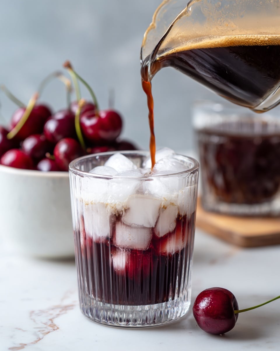 The image shows a white pot with a black rim filled with deep red whole cherries in a thick, shiny cherry sauce. Inside the pot, a light brown wooden spoon rests, partially submerged in the sauce, holding some cherries and liquid. The pot is placed on a white marbled surface, and parts of a white bowl with whole cherries and a loose cherry with a stem are also visible around the pot. The overall focus is on the rich, vibrant red cherries and sauce in the pot. photo taken with an iphone --ar 4:5 --v 7
