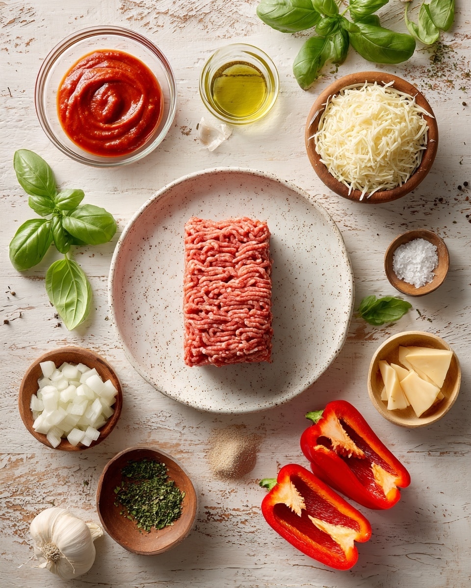 The image shows several ingredients arranged on a wooden surface with a white marbled texture. In the center at the bottom is a white speckled plate holding a rectangle of raw ground meat with a textured surface. To the right are four red bell pepper halves with smooth, shiny skin and visible seeds inside. Above the peppers is a small bowl filled with shredded white cheese, next to which a small cup holds a light green liquid, likely olive oil. On the top left side is a clear glass bowl with smooth, thick red sauce swirled on the surface. Several small bowls surround the main items: diced white onions in a wooden bowl, thin round slices of red pepperoni in another wooden bowl, grated light yellow cheese in a tan bowl, green dried herbs in a shallow bowl, two white garlic cloves in a bowl, and small bowls with salt, pepper, and a beige granular powder scattered around. Fresh green basil leaves are placed near the corners. photo taken with an iphone --ar 4:5 --v 7