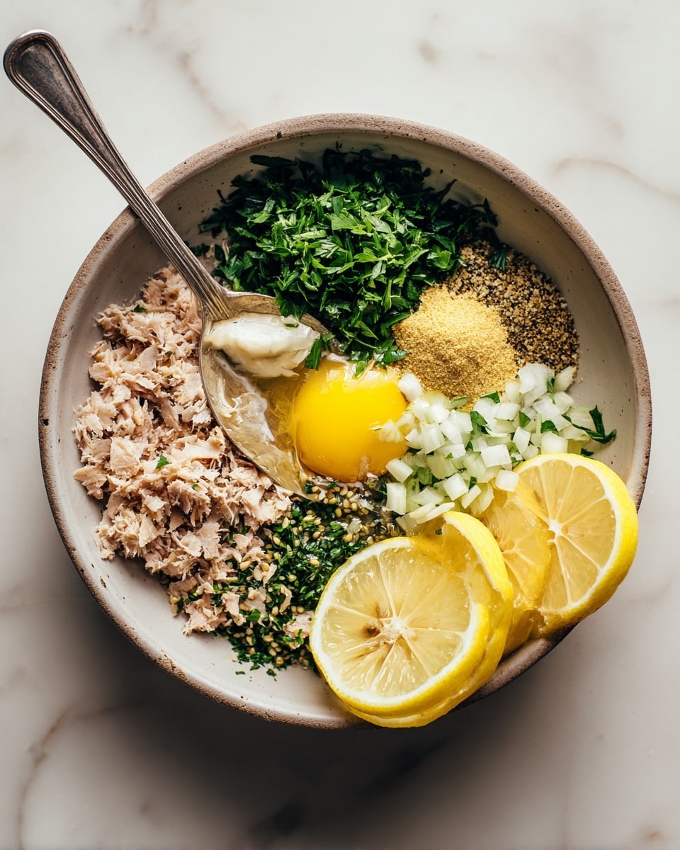 A round bowl containing layers of ingredients: the base is a mix of light brown flakes, likely tuna, spread across the bowl; on top of this, from left to right, are finely chopped bright green herbs, small white diced pieces likely onions, a soft yellow egg yolk with a bit of clear egg white around it, a dollop of pale creamy mayonnaise, a scoop of coarse grainy brown mustard, and light yellow powdery seasoning sprinkled around. A silver spoon is partially inserted into the mix on the right side. Two halves of bright yellow lemons sit beside the bowl on a white marbled surface photo taken with an iphone --ar 4:5 --v 7